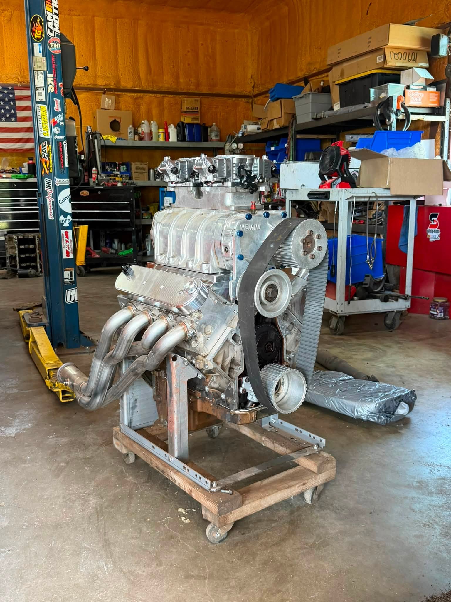 Blown big-block on the stand at Red’s Speed Shop