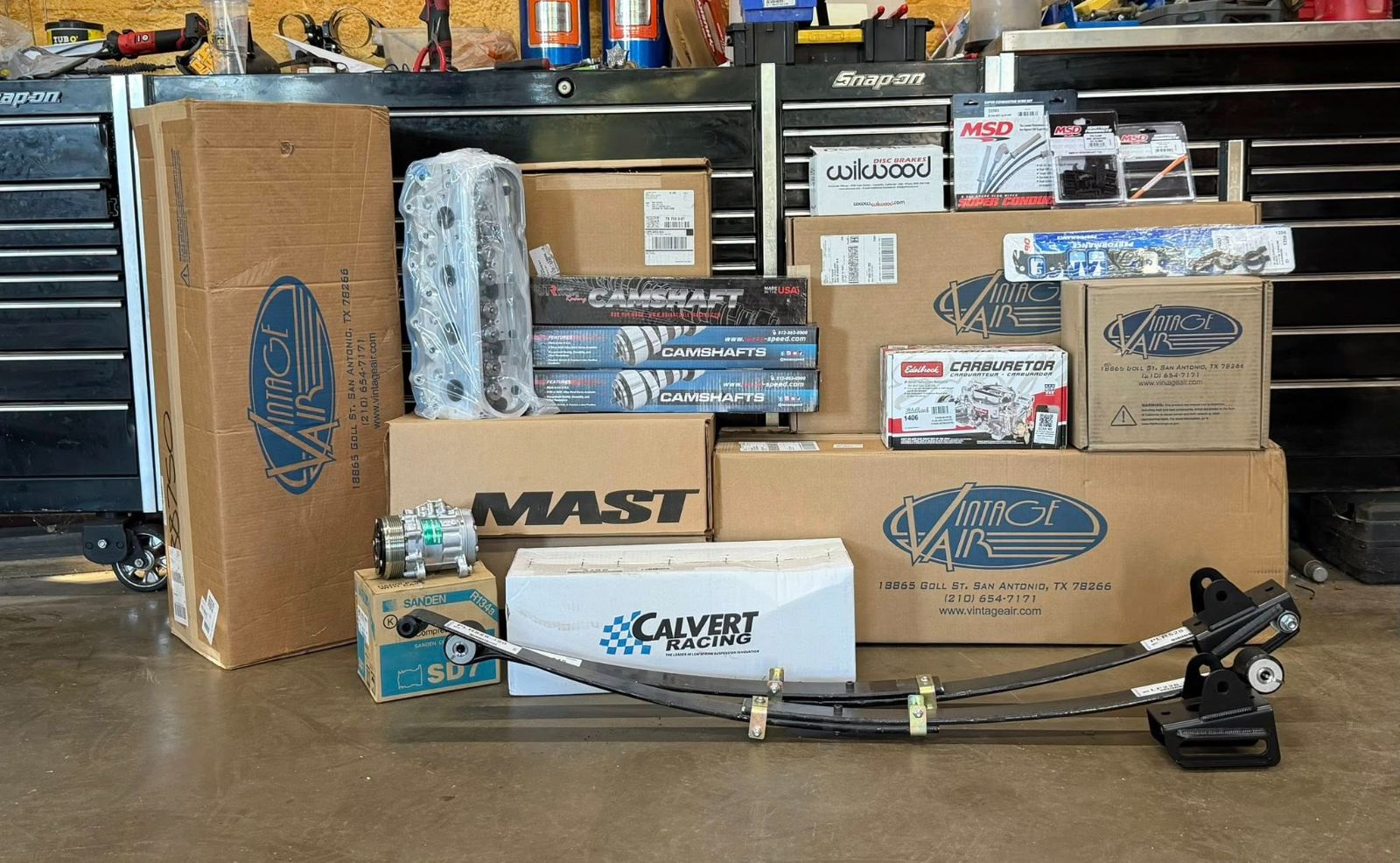 Parts for a build at Red’s Speed Shop
